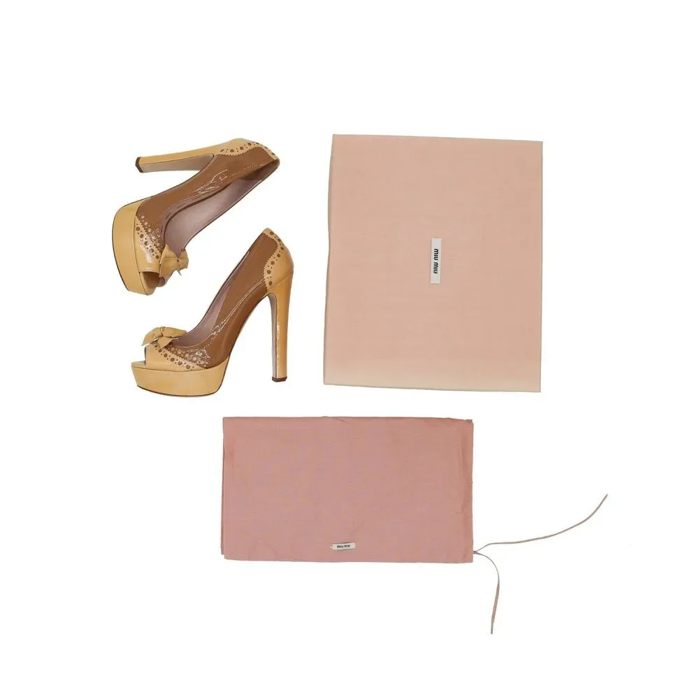 Miu Miu Yellow Brown‎ Patent Leather Platform Peep Toe Bow Pumps Heels EU 41